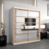 Kledingkast RENO 2 180 cm, romp in de kleur wit, fronten in eiken artisan met spiegel.
