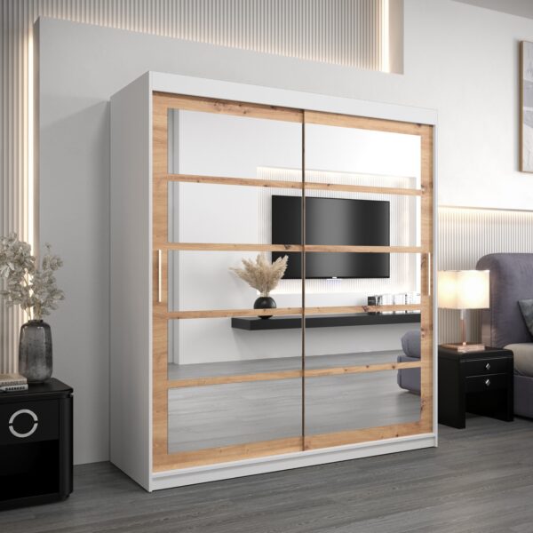 Kledingkast RENO 2 180 cm, romp in de kleur wit, fronten in eiken artisan met spiegel.