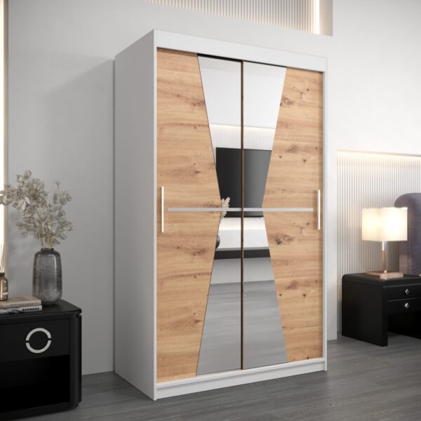 Kledingkast PARNA 120 met een witte korpus en een front met spiegel in de kleur eiken artisan is een bijzonder ruime en functionele kast.