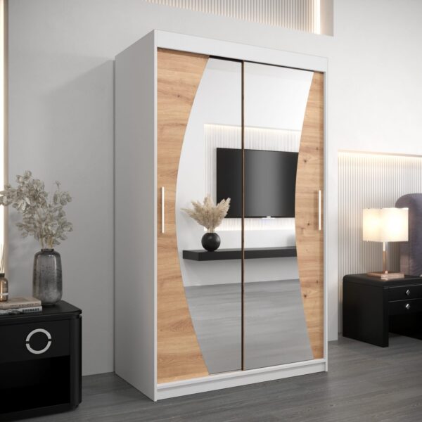 Kledingkast GLASGOW 120, romp in het wit, fronten eiken artisan met spiegel.