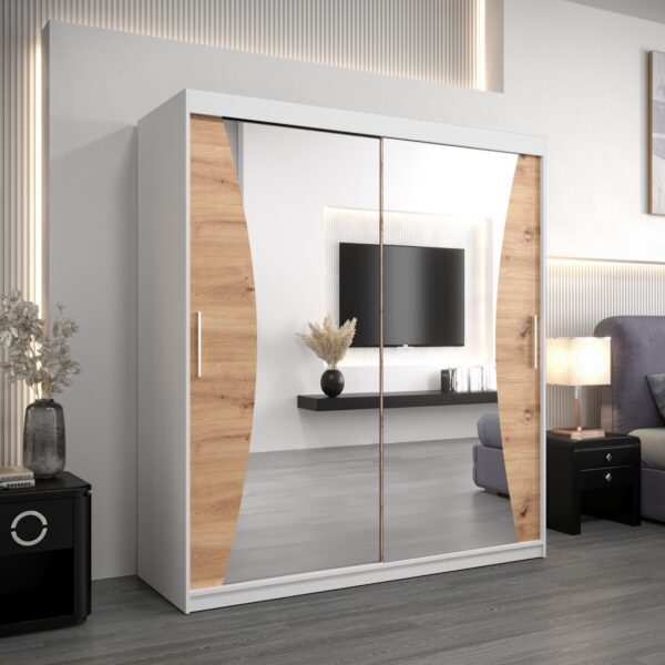 Szafa MONACO 180 cm, korpus w kolorze białym fronty dąb artisan z lustrem