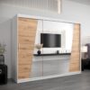 Kledingkast RHOMB 250 cm, romp in de kleur wit, fronten in eiken artisan met spiegel.