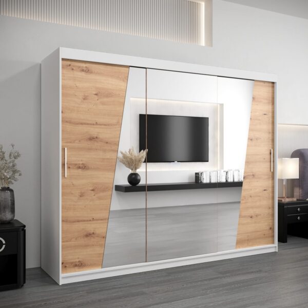 Kledingkast RHOMB 250 cm, romp in de kleur wit, fronten in eiken artisan met spiegel.