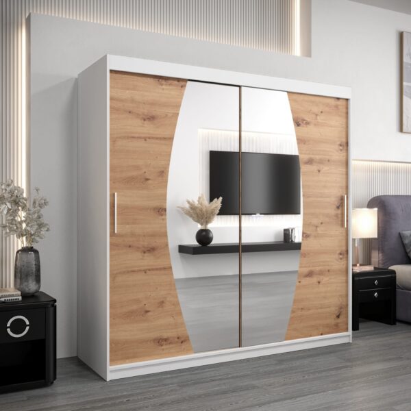 Kledingkast ELIPSO 200 cm, corpus in de kleur wit, fronten artisan eiken met spiegel.