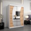 Kledingkast GLASGOW 150, romp in het wit, fronten eiken artisan met spiegel.