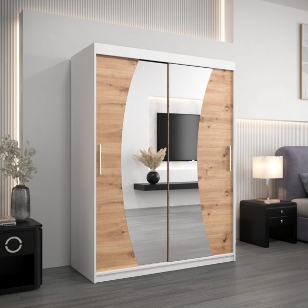 Kledingkast GLASGOW 150, romp in het wit, fronten eiken artisan met spiegel.
