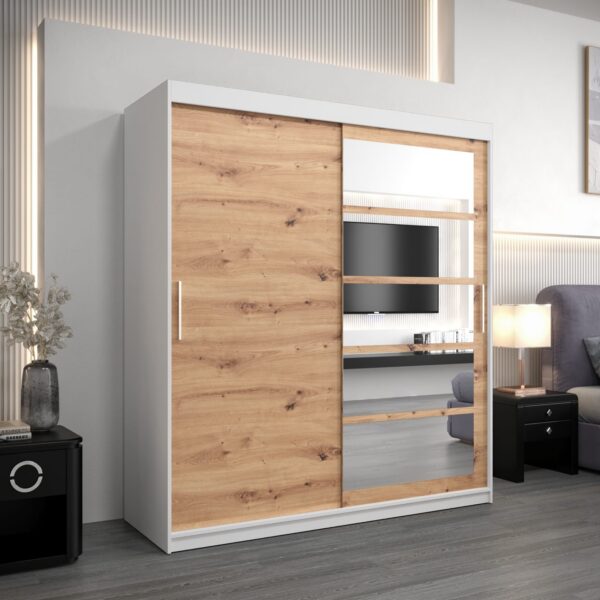 Kledingkast RENO 1 180 cm, romp in de kleur wit, fronten in eiken artisan met spiegel.