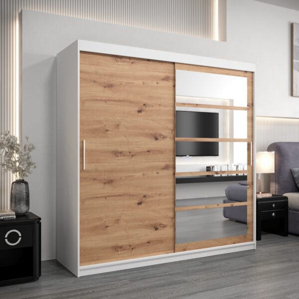 Kledingkast RENO 1 200 cm, romp in de kleur wit, fronten in eiken artisan met spiegel.