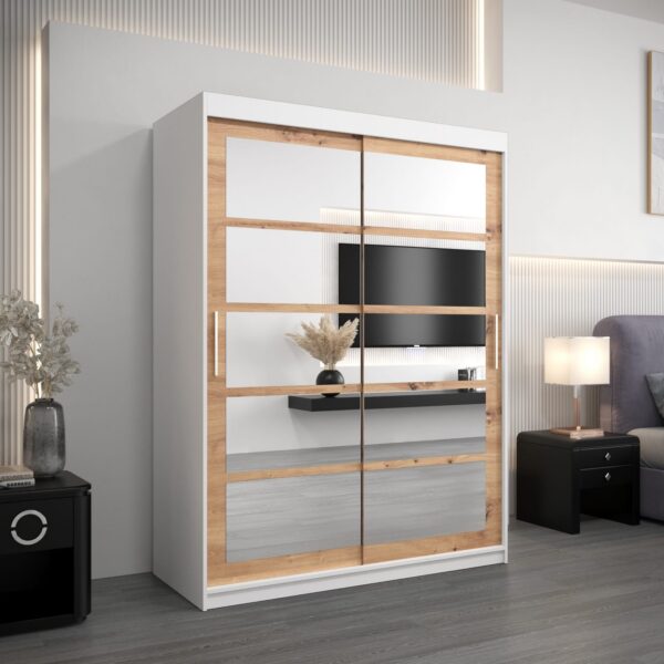 Kledingkast RENO 2 150 cm, romp in de kleur wit, fronten in eiken artisan met spiegel.