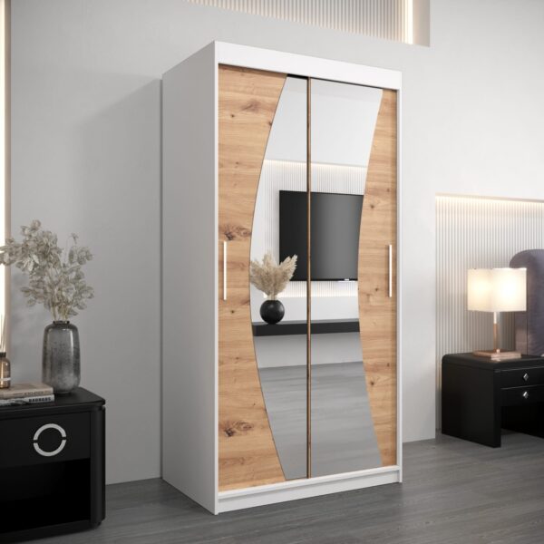 Kledingkast GLASGOW 100, romp in het wit, fronten eiken artisan met spiegel.
