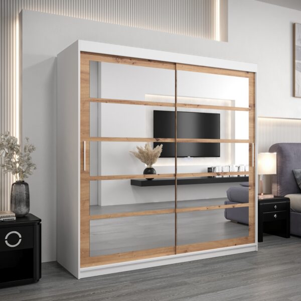 Kledingkast RENO 2 180 cm, romp in de kleur wit, fronten in eiken artisan met spiegel.