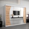 Kledingkast GLASGOW 250, romp in het wit, fronten eiken artisan met spiegel