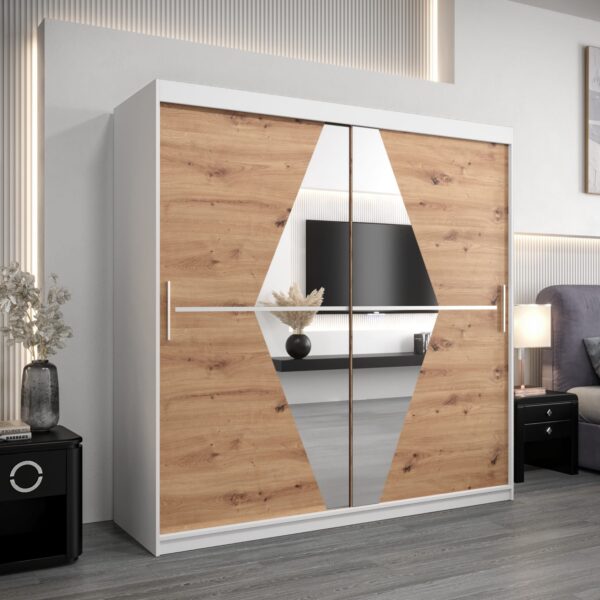 Szafa BOLIWIA 200 cm, korpus biały front dąb artisan z lustrem