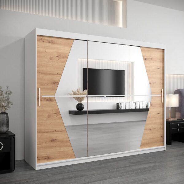 Kledingkast BOLIWIA 250 cm, corpus in de kleur wit, fronten artisan eiken met spiegel.
