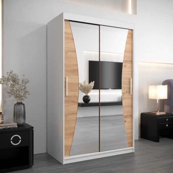 Kledingkast MONACO 120 cm, romp in de kleur wit, fronten in eiken artisan met spiegel.
