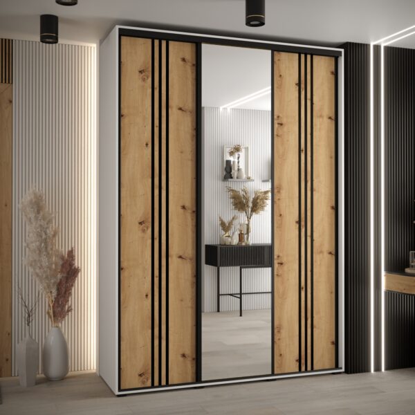 Szafa CANNES 7-180 szerokość 45cm korpus biały Front dąb artisan listwa czarna i lustro