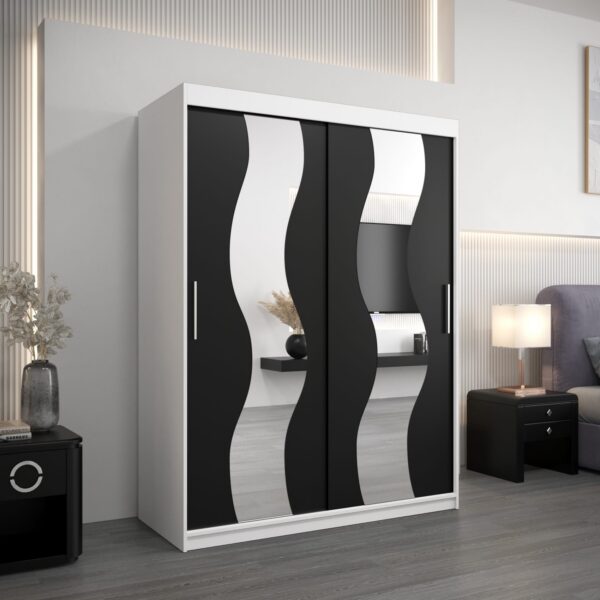 Kledingkast SOLANA 150 cm, romp in de kleur wit, fronten in zwart met spiegel.