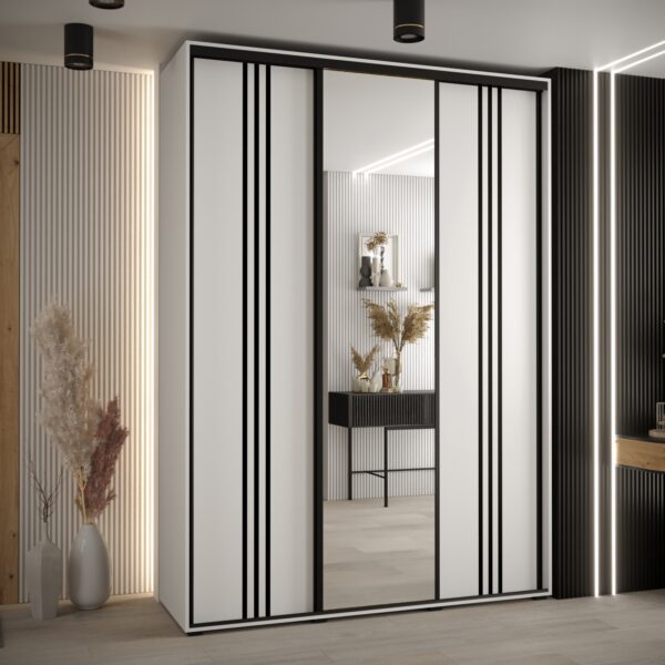 Szafa CANNES 7-180 szerokość 45cm korpus biały, Front biały listwa czarna i lustro