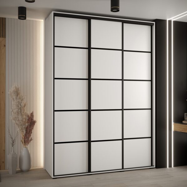 Szafa CANNES 4- 180 szerokość 45 cm. Korpus biały, front biały listwa czarna