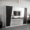 Kledingkast RHOMB 250 cm, romp in de kleur wit, fronten in zwart met spiegel.