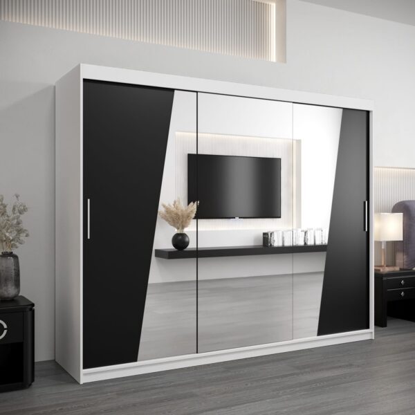 Kledingkast RHOMB 250 cm, romp in de kleur wit, fronten in zwart met spiegel.