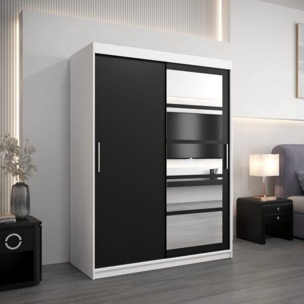 Kledingkast RENO 1 150 cm, romp in de kleur wit, fronten in zwart met spiegel.