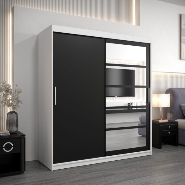 Kledingkast RENO 1 180 cm, romp in de kleur wit, fronten in zwart met spiegel.