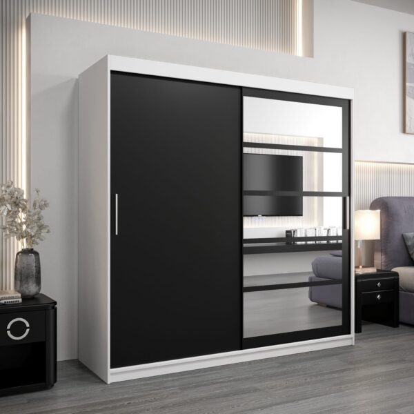 Kledingkast RENO 1 200 cm, romp in de kleur wit, fronten in zwart met spiegel.