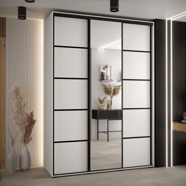 Szafa CANNES 5-180 szerokość 45 cm. Korpus biały , front biały listwa czarna i lustro