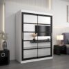 Kledingkast RENO 2 150 cm, romp in de kleur wit, fronten in zwart met spiegel.