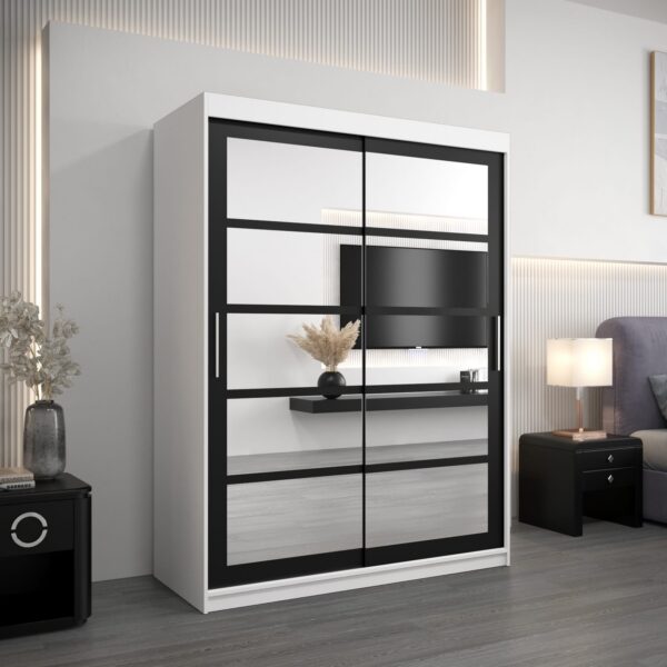 Kledingkast RENO 2 150 cm, romp in de kleur wit, fronten in zwart met spiegel.