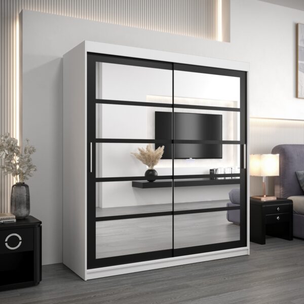 Kledingkast RENO 2 180 cm, romp in de kleur wit, fronten in zwart met spiegel.