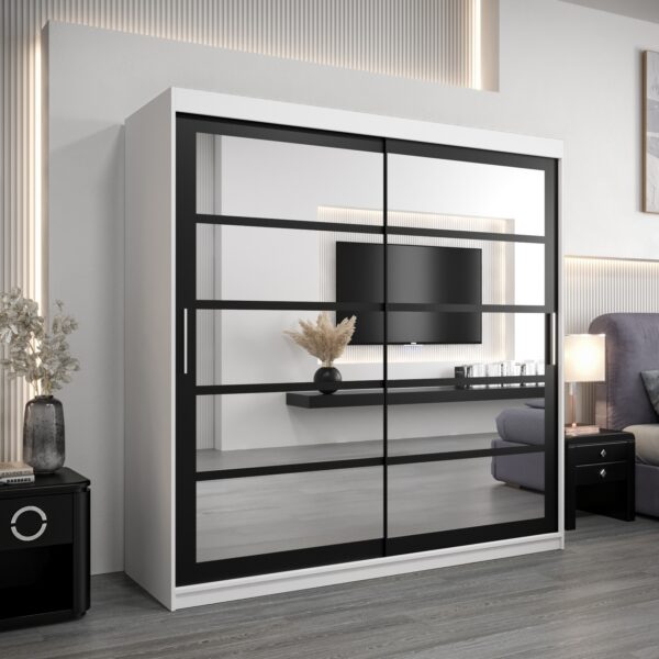 Kledingkast RENO 2 200 cm, romp in de kleur wit, fronten in zwart met spiegel.