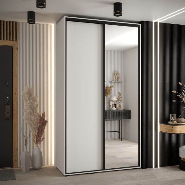Szafa CANNES 3 -140 45 cm głebokość. Korpus biały , front białe  ,lustro i czarna listwa