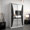 Kledingkast MONACO 120 cm, romp in de kleur wit, fronten in zwart met spiegel.