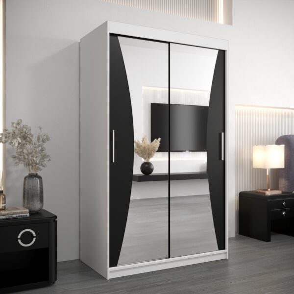 Kledingkast MONACO 120 cm, romp in de kleur wit, fronten in zwart met spiegel.