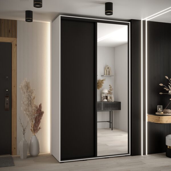 Szafa CANNES 3 -140 45 cm głebokość. Korpus biały , front czarne  ,lustro i czarna listwa