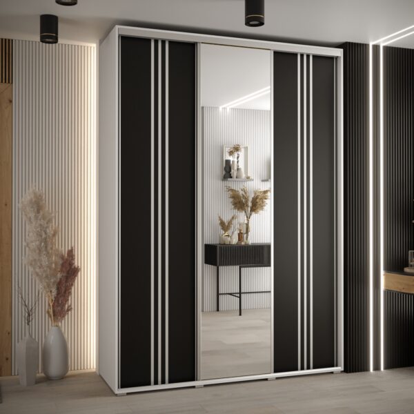 Szafa CANNES 7-180 szerokość 45cm korpus biały Front czarny listwa srebrna i lustro
