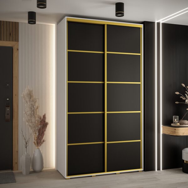 Szafa CANNES 4- 140 szerokość 45 cm. Korpus biały, front czarny listwa złota