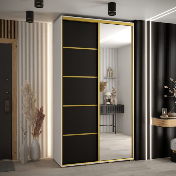 Szafa CANNES 5-140 szerokość 45 cm. Korpus biały , front czarny listwa złota i lustro