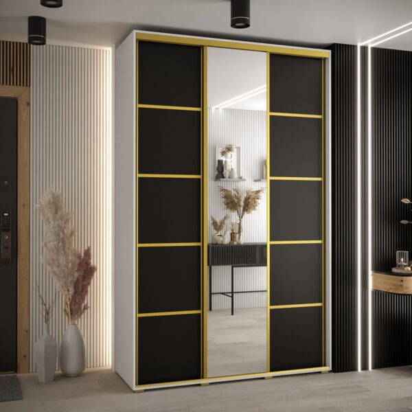 Szafa CANNES 5-160 szerokość 45 cm. Korpus biały , front czarny listwa złota i lustro