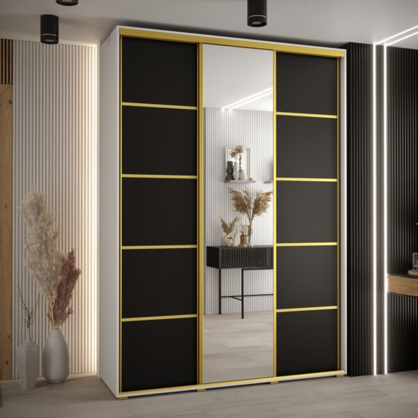 Szafa CANNES 5-180 szerokość 45 cm. Korpus biały , front czarny listwa złota i lustro