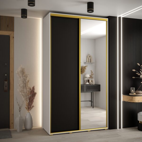 Szafa CANNES 3 -140 45 cm głebokość. Korpus biały , front czarne  ,lustro i złota listwa