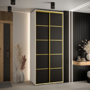 Szafa CANNES 4- 120 szerokość 45 cm. Korpus biały, front czarny listwa złota