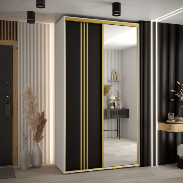 Szafa CANNES 7-140 szerokość 45cm korpus biały Front czarny listwa złota i lustro