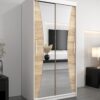 Kledingkast MONACO 100 cm, romp in de kleur wit, fronten in eiken sonoma met spiegel.