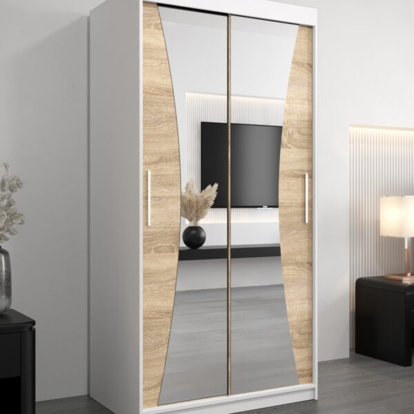 Kledingkast MONACO 100 cm, romp in de kleur wit, fronten in eiken sonoma met spiegel.