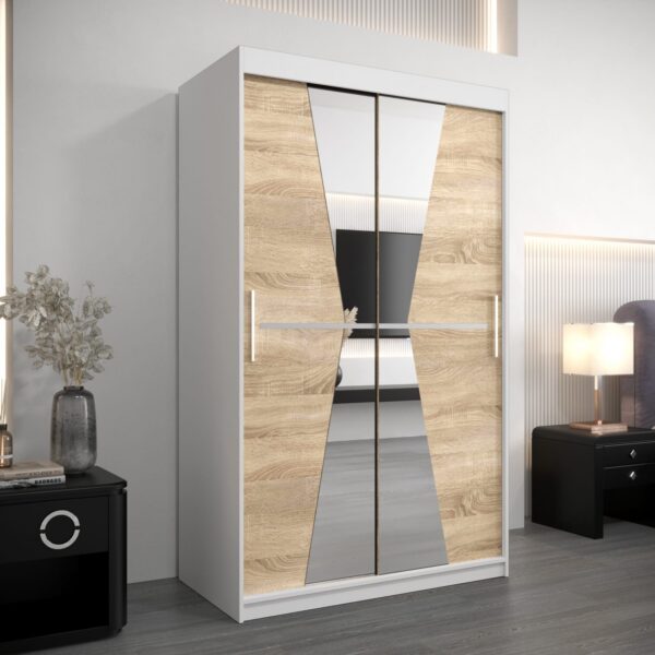 Kledingkast MAROKO 120 met een witte korpus en een front met spiegel in de kleur eiken sonoma is een bijzonder ruime en functionele kast.