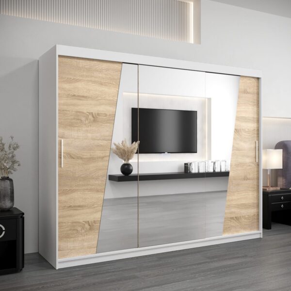 Kledingkast RHOMB 250 cm, romp in de kleur wit, fronten in eiken sonoma met spiegel.
