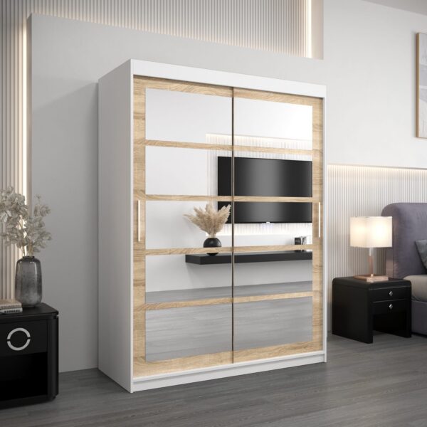 Kledingkast RENO 2 150 cm, romp in de kleur wit, fronten in eiken sonoma met spiegel.